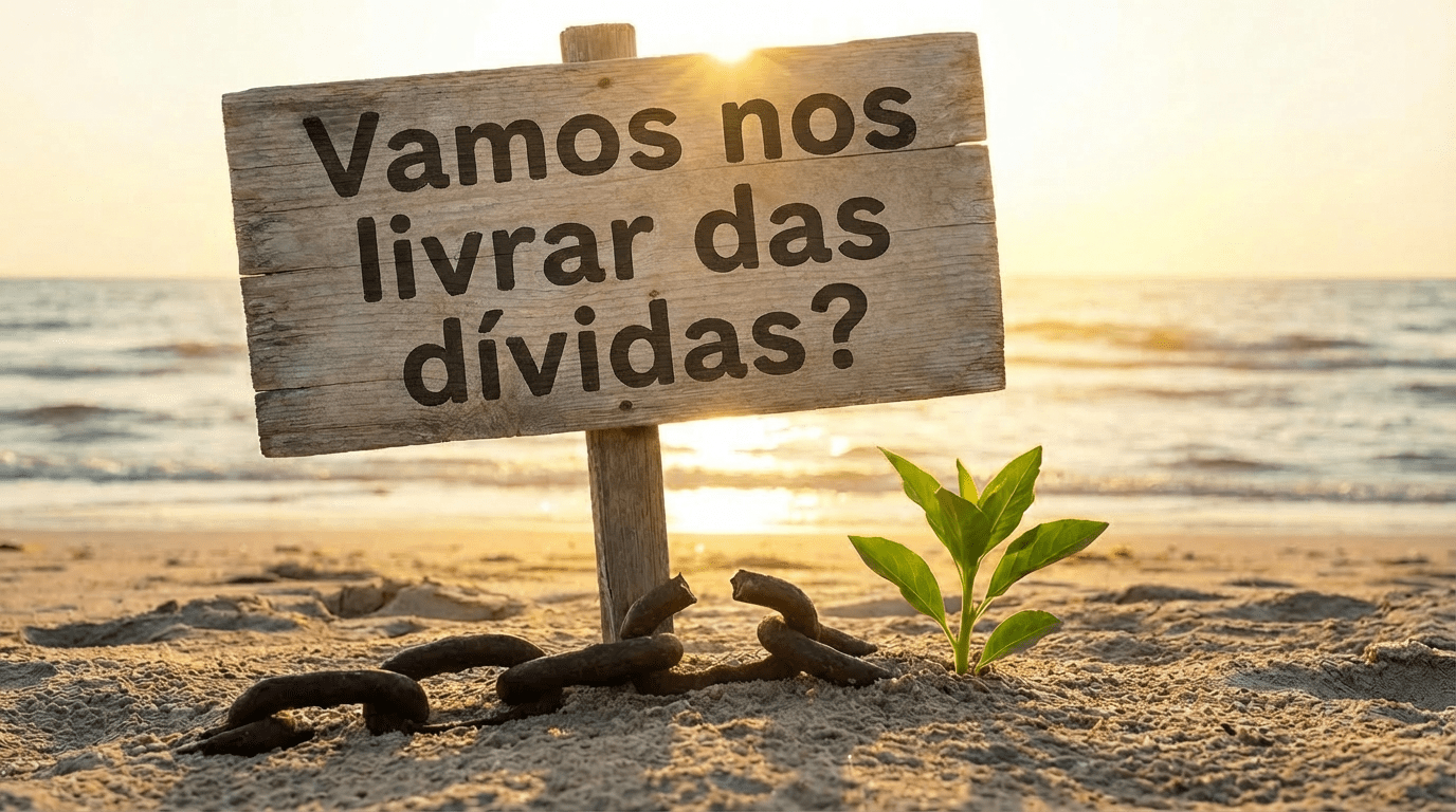 Wooden sign reading DEBT FREE IS THE NEW RICH. OWN YOUR LIFE. with a broken chain and seedling.