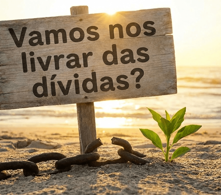 Wooden sign reading DEBT FREE IS THE NEW RICH. OWN YOUR LIFE. with a broken chain and seedling.