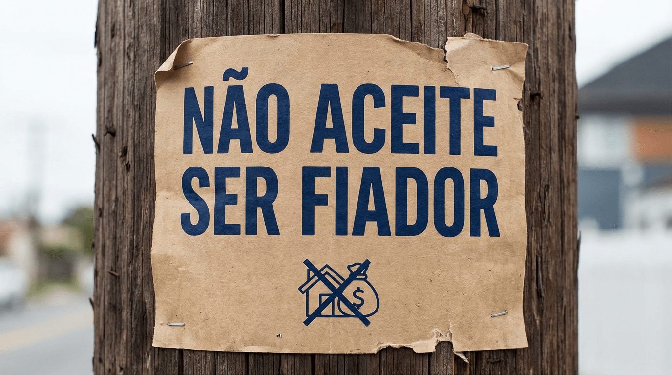 "NÃO ACEITE SER FIADOR" sign on a wooden pole with a crossed-out house and money icon