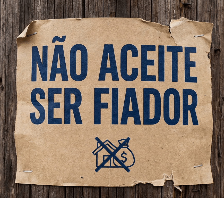 "NÃO ACEITE SER FIADOR" sign on a wooden pole with a crossed-out house and money icon