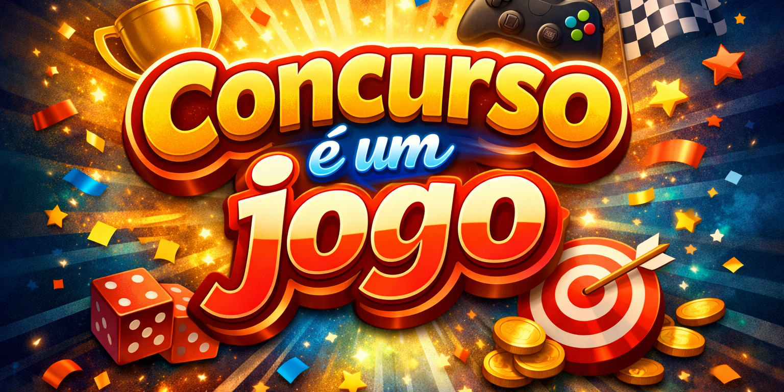 Text 'Concurso é um jogo' with gaming and contest icons