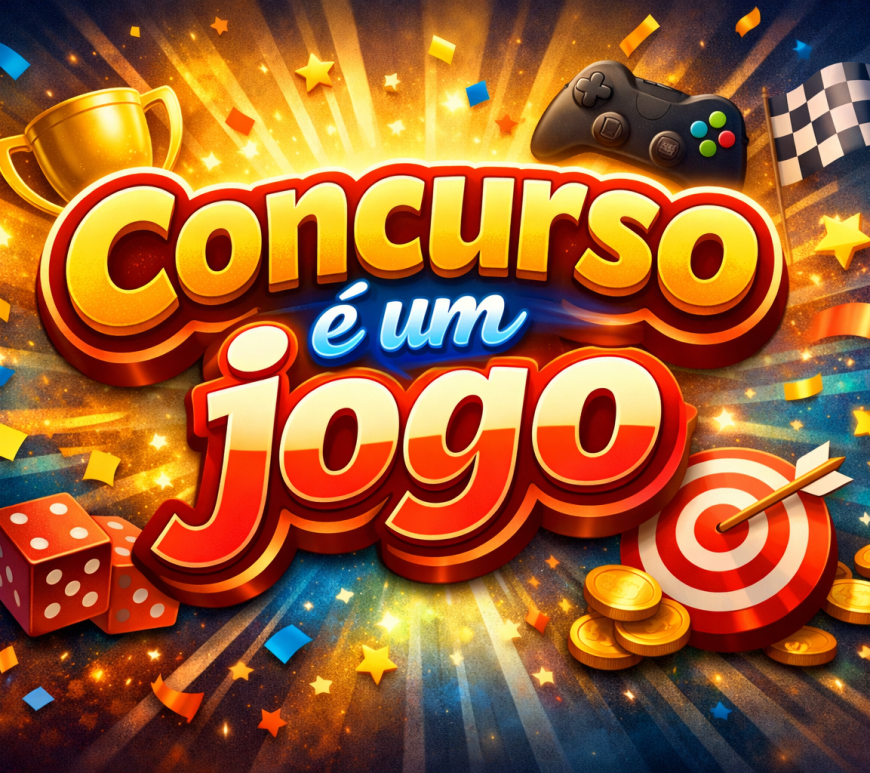Text 'Concurso é um jogo' with gaming and contest icons
