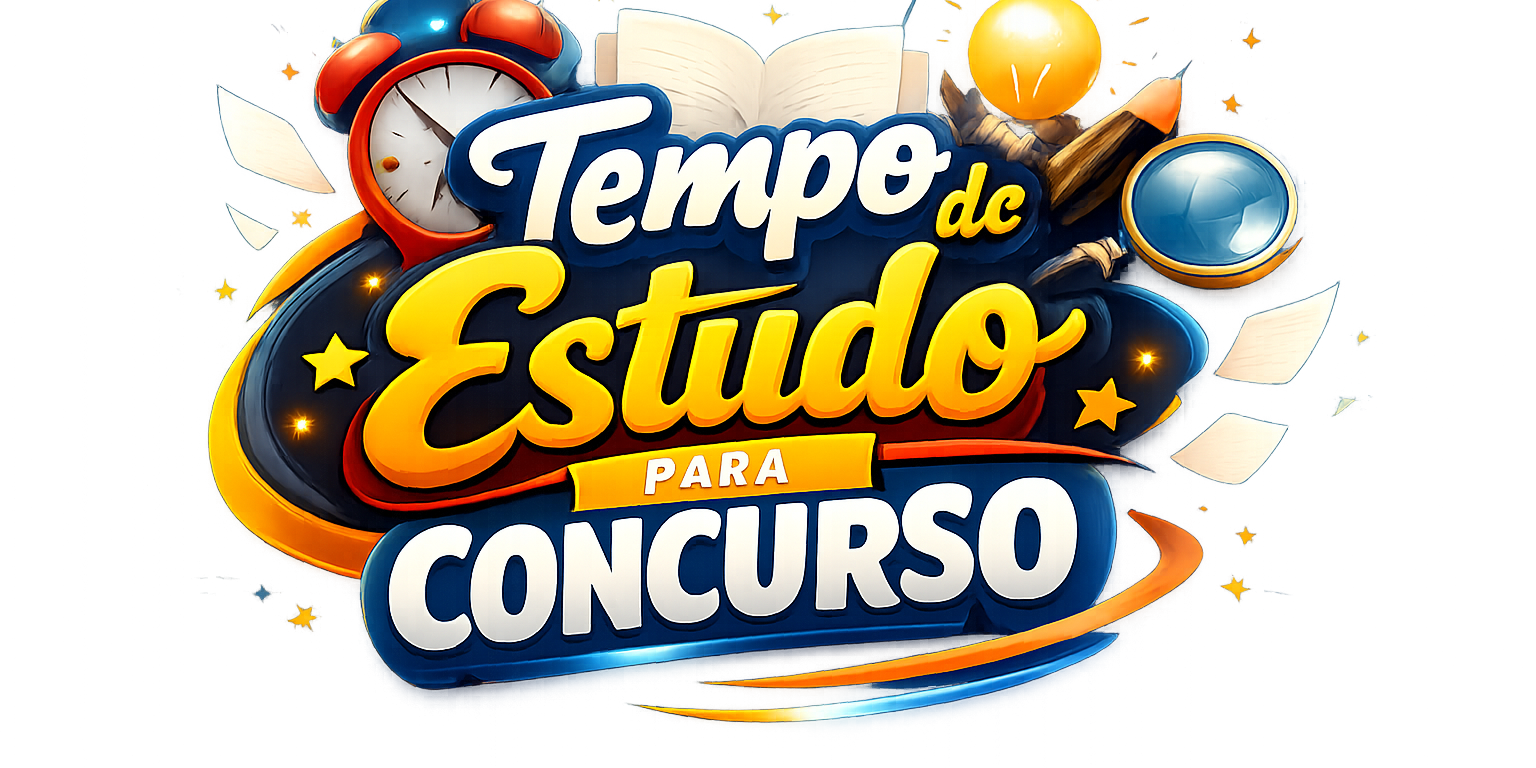 Text 'Tempo de Estudo para Concurso' with study-related icons like clock, book, pencil, and light bulb