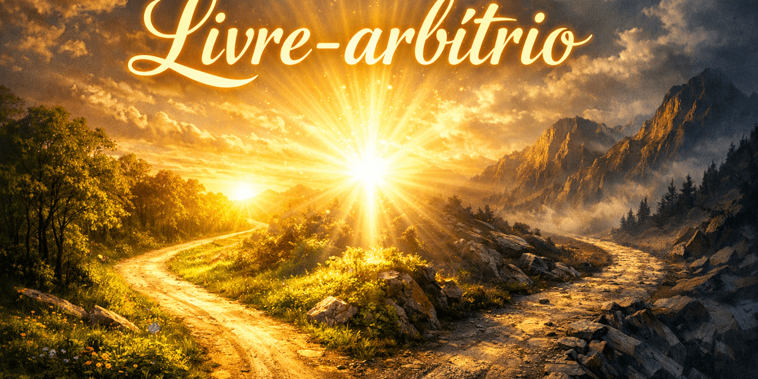 A forked dirt road in a natural landscape illuminated by bright sunlight with 'Livre-arbitrio' text above