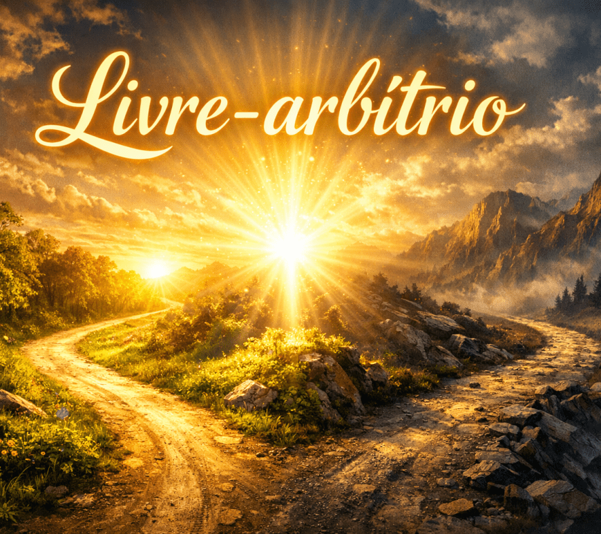 A forked dirt road in a natural landscape illuminated by bright sunlight with 'Livre-arbitrio' text above