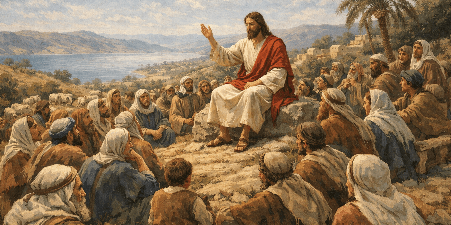 Jesus seated on a rock teaching a group of people outdoors near the sea