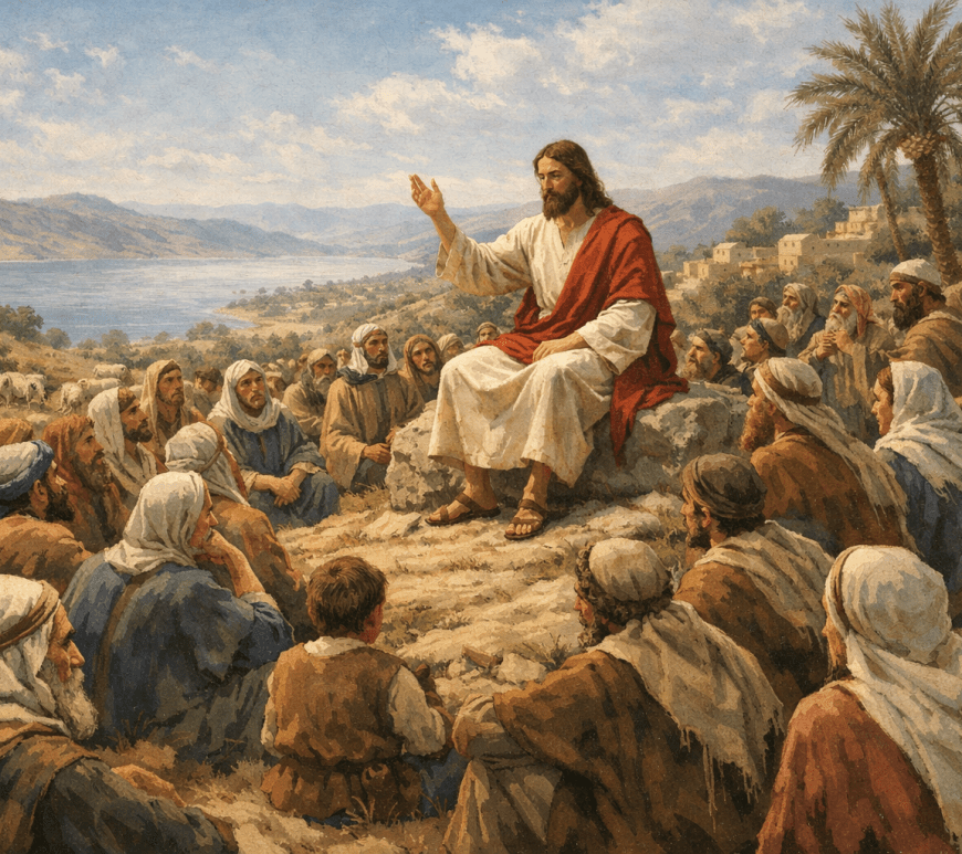 Jesus seated on a rock teaching a group of people outdoors near the sea