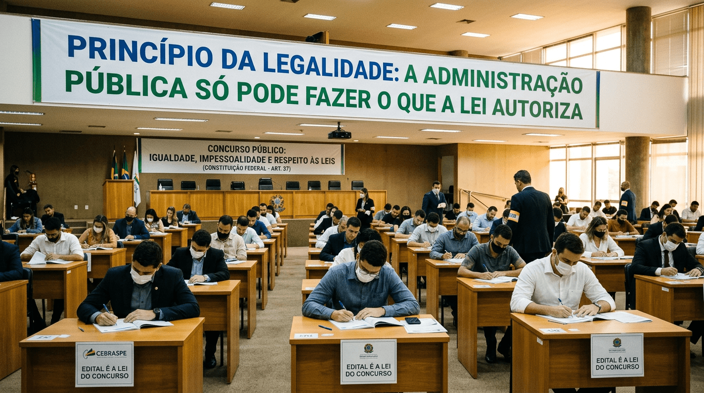 Several candidates sitting at individual desks writing exams in a large hall under banners promoting legality and impartiality in public service.