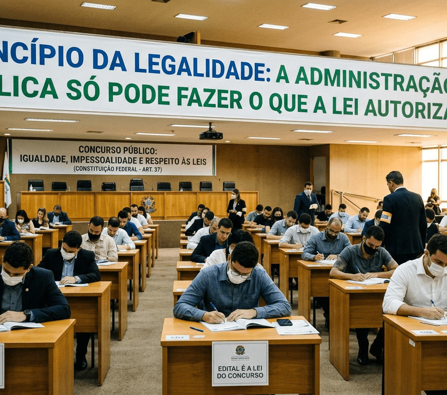 Several candidates sitting at individual desks writing exams in a large hall under banners promoting legality and impartiality in public service.