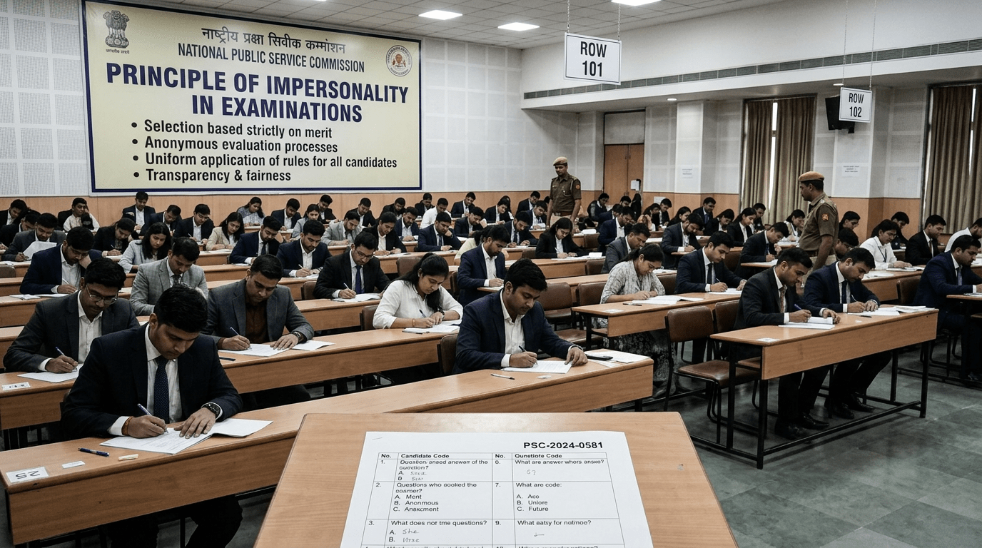 Room of candidates seated in rows taking an exam under watchful officers