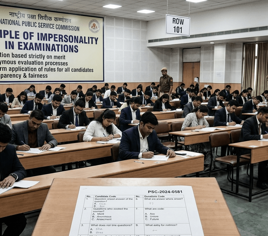 Room of candidates seated in rows taking an exam under watchful officers
