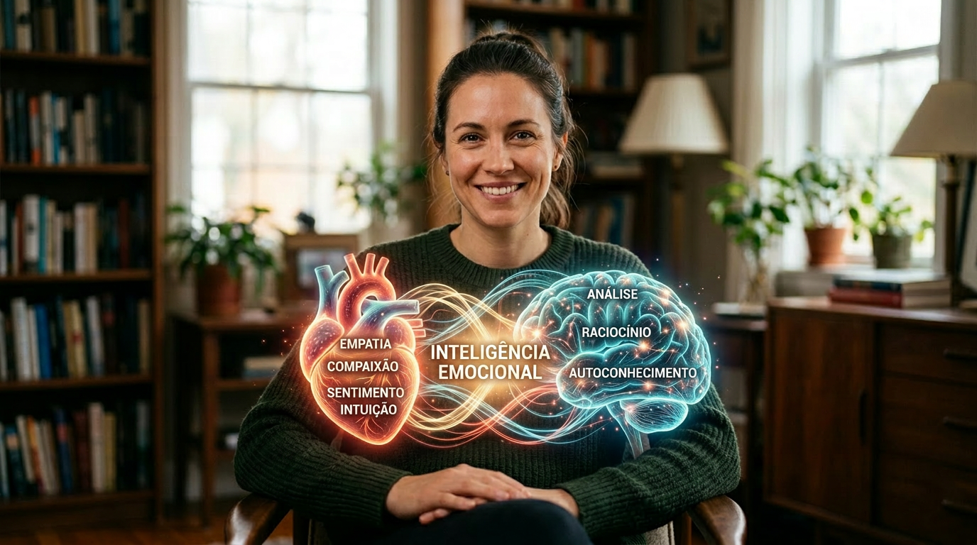 Woman smiling with heart and brain graphics showing emotional intelligence concepts