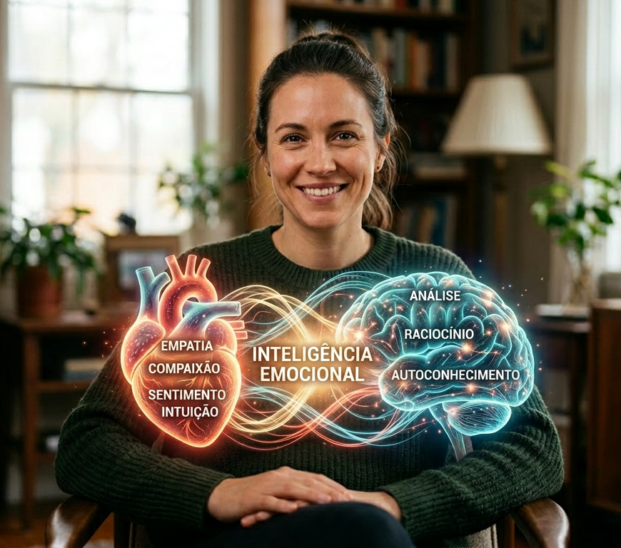 Woman smiling with heart and brain graphics showing emotional intelligence concepts