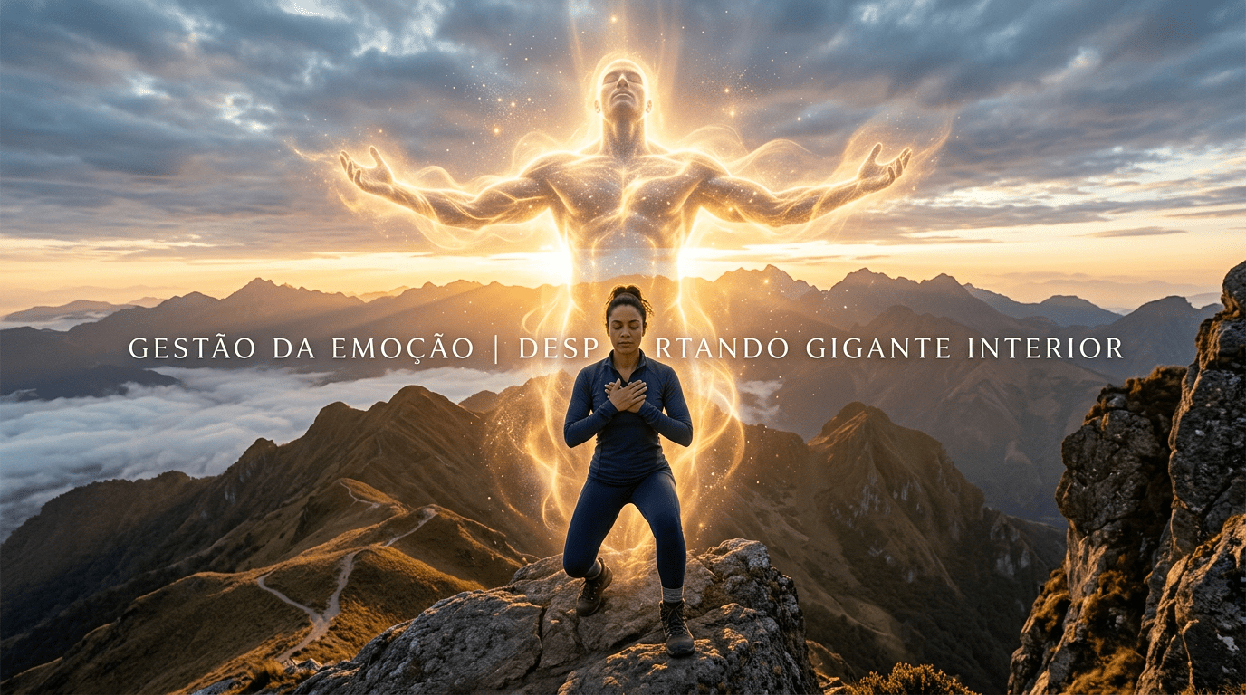 Person meditating on mountain peak with glowing giant figure behind