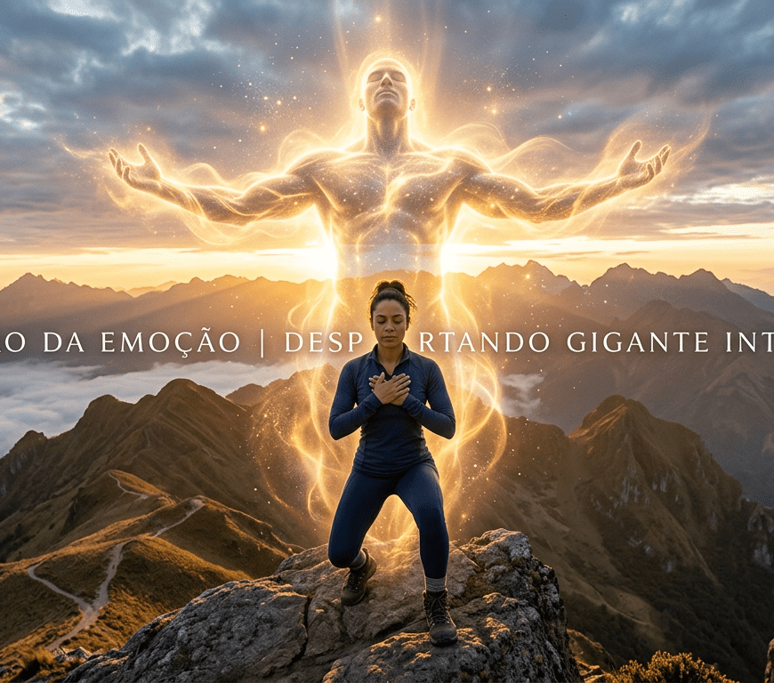 Person meditating on mountain peak with glowing giant figure behind