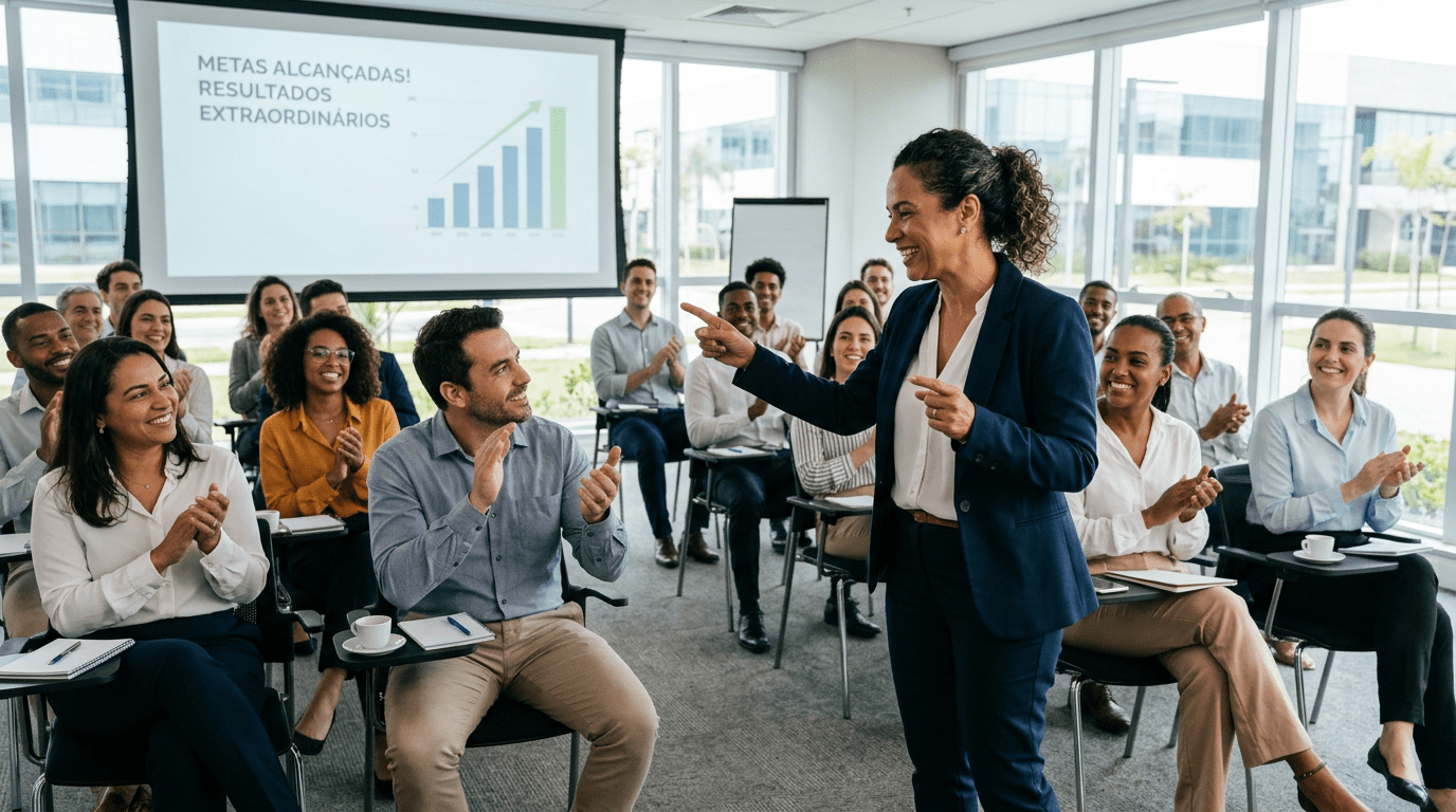 Businesswoman speaking confidently to applauding coworkers in a bright office training room