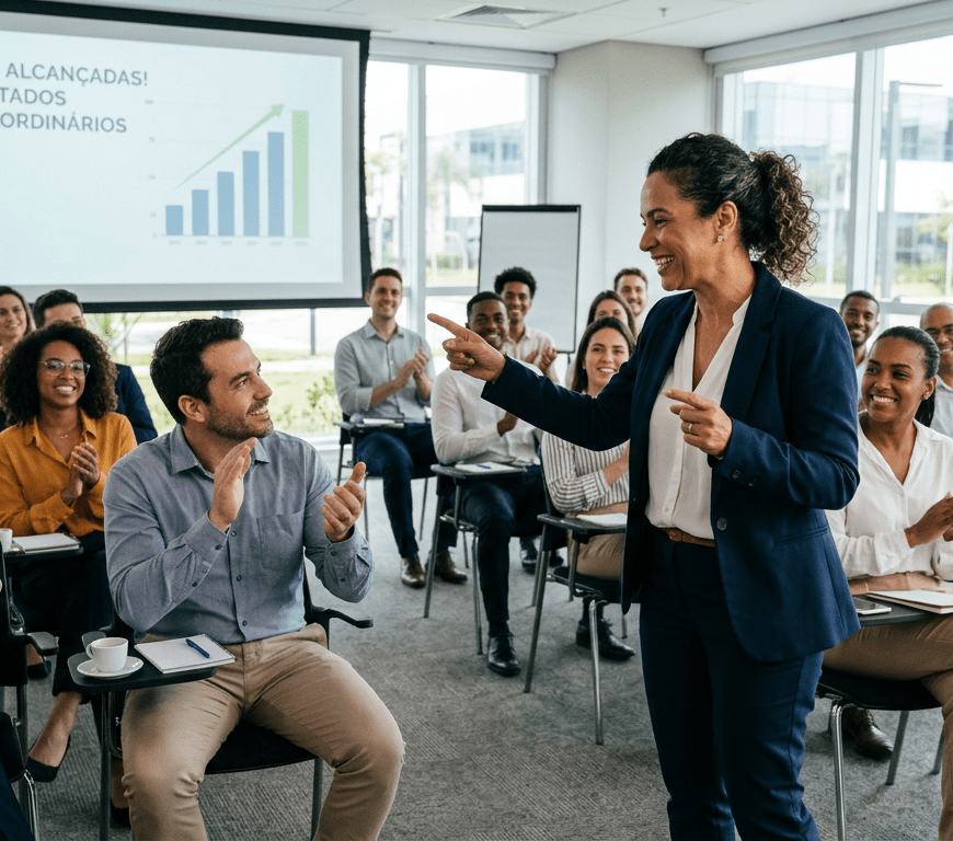 Businesswoman speaking confidently to applauding coworkers in a bright office training room