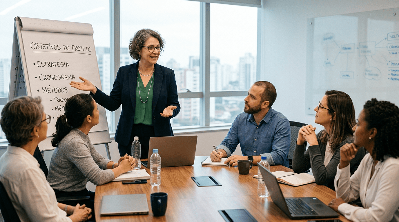 Woman presenting project objectives to coworkers around a conference table