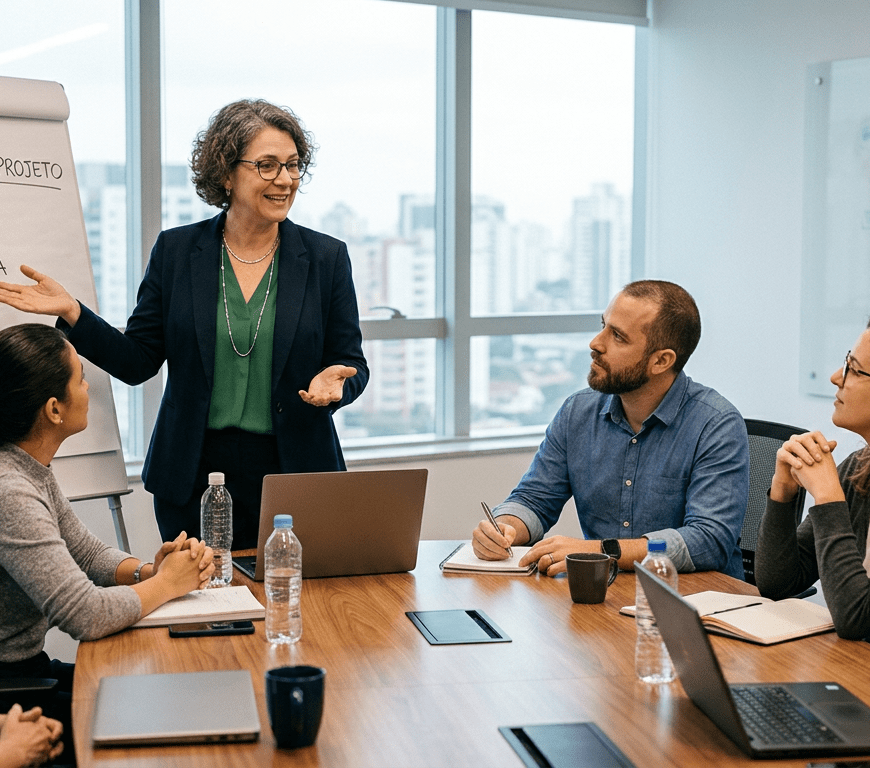 Woman presenting project objectives to coworkers around a conference table