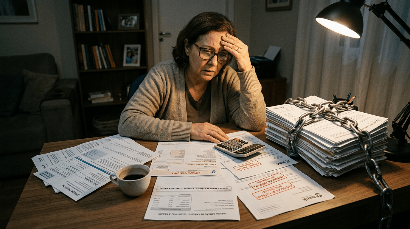 Stressed woman reviewing overdue bills and financial documents with calculator
