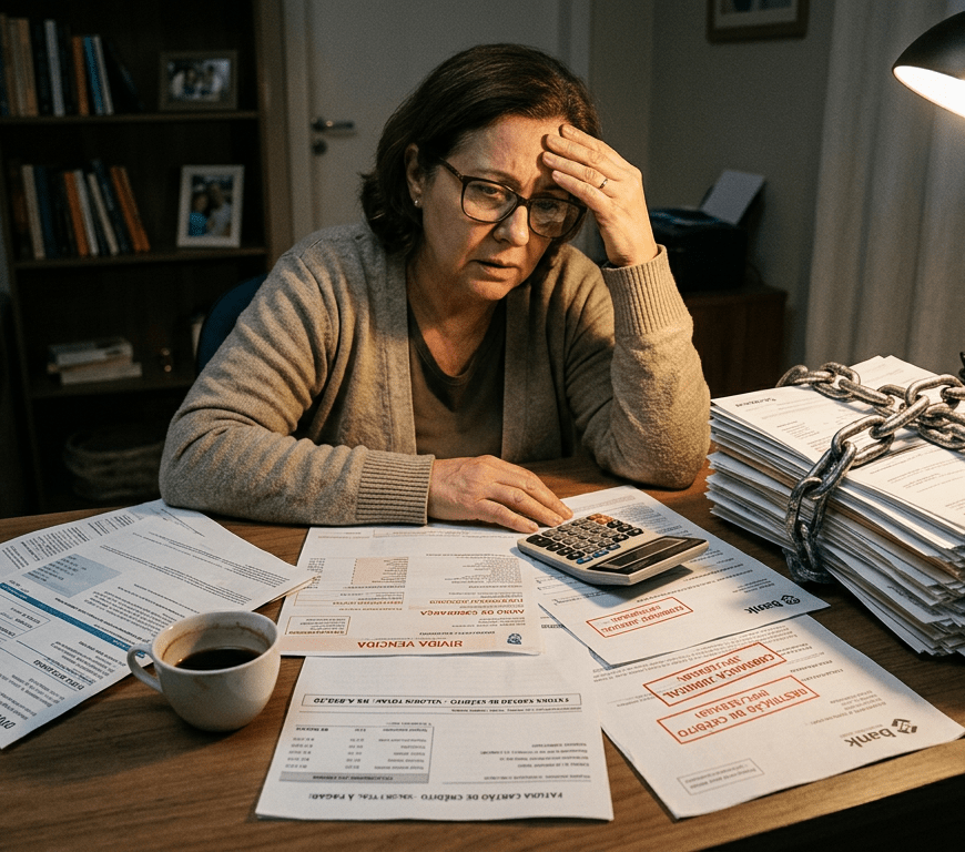 Stressed woman reviewing overdue bills and financial documents with calculator