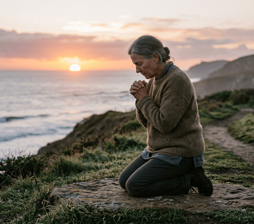 Person kneeling and praying outdoors near ocean at sunset