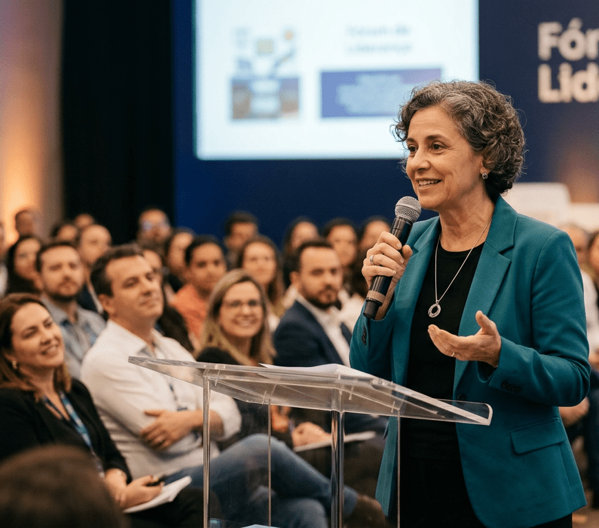 Woman speaking with microphone at leadership forum in front of seated audience