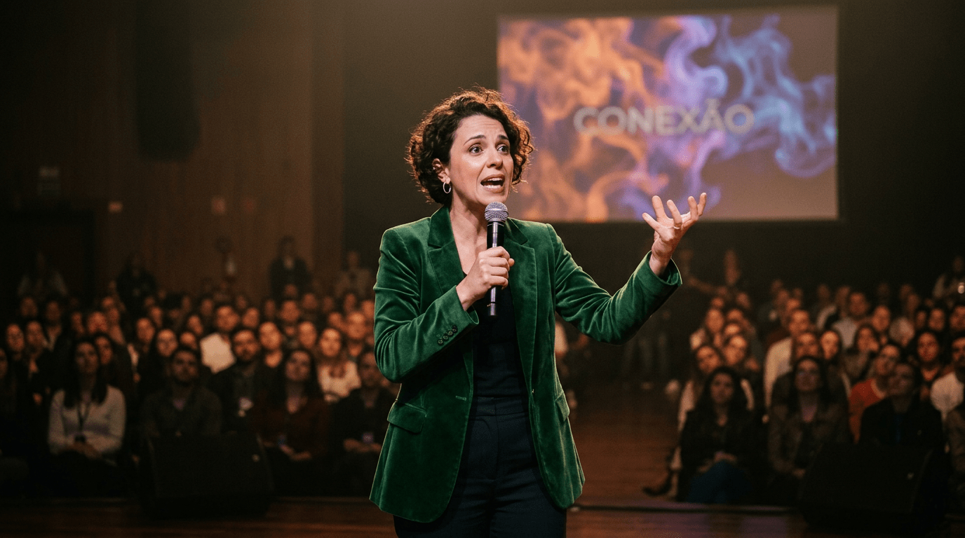 Woman in green blazer speaking into a microphone to an audience