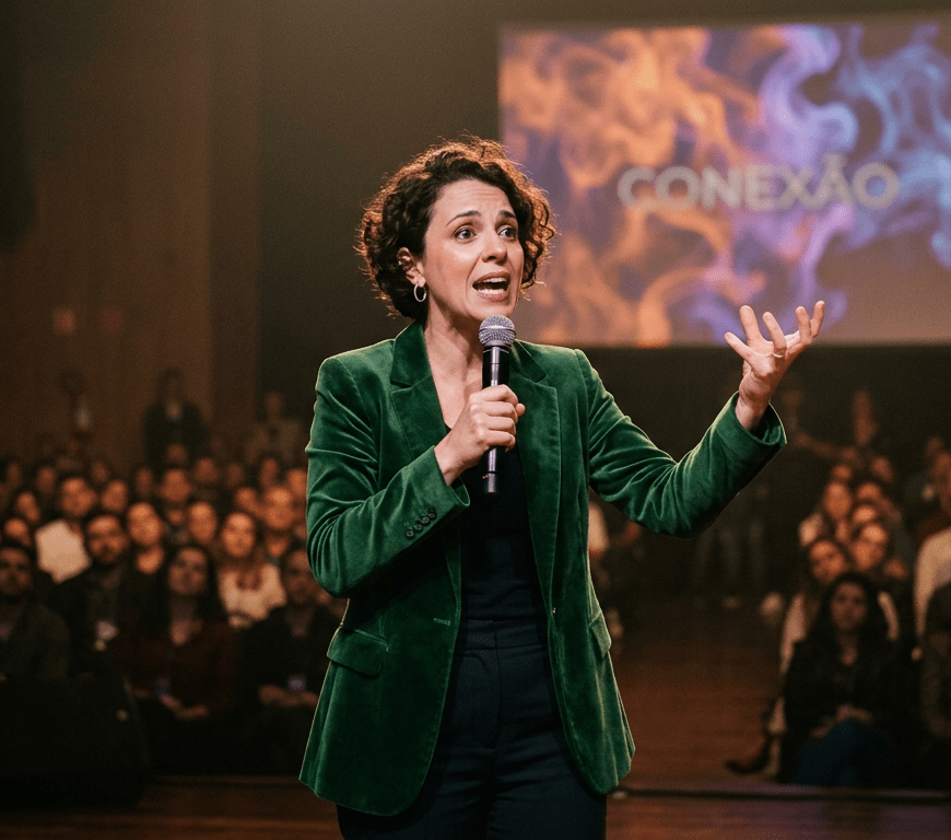 Woman in green blazer speaking into a microphone to an audience