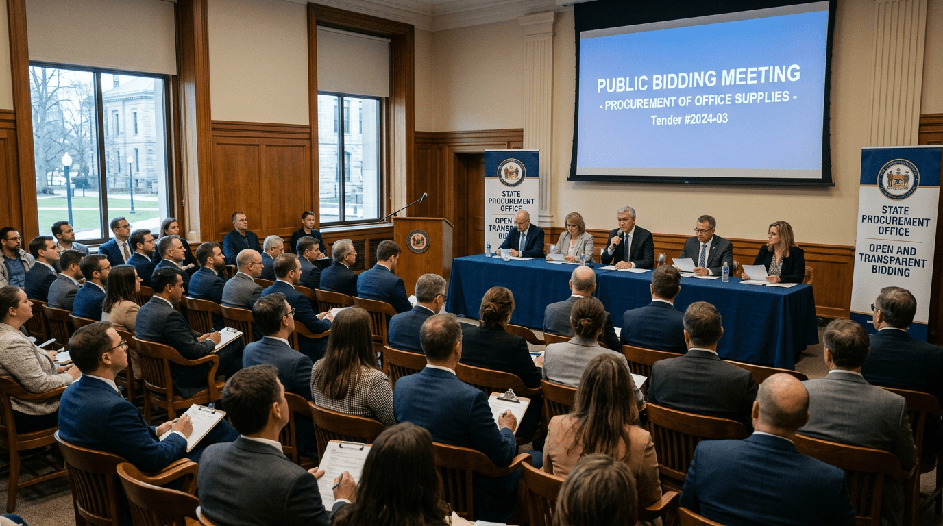 Public bidding meeting for office supplies procurement with officials and attendees