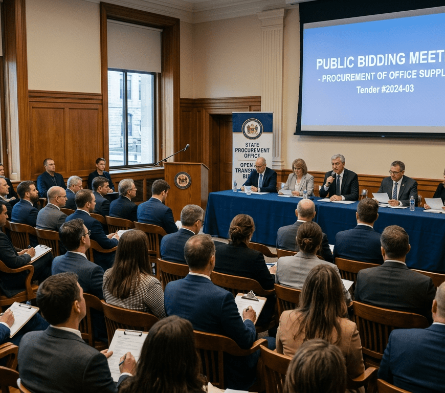 Public bidding meeting for office supplies procurement with officials and attendees