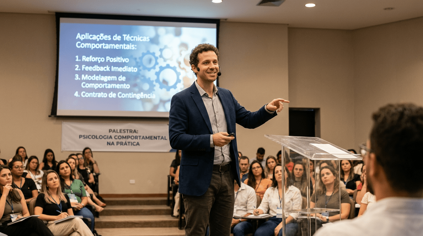 Man giving a lecture on behavioral techniques to a seated audience with presentation slide in Portuguese