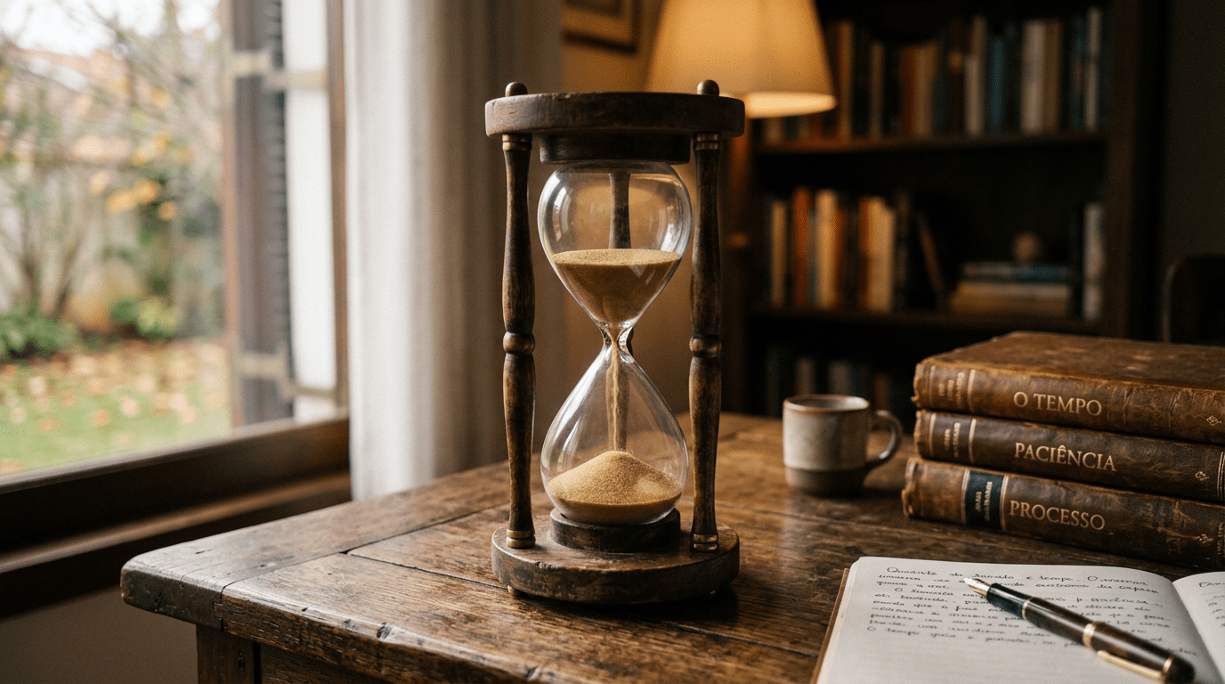 Hourglass beside books titled O TEMPO, PACIÊNCIA, and PROCESSO