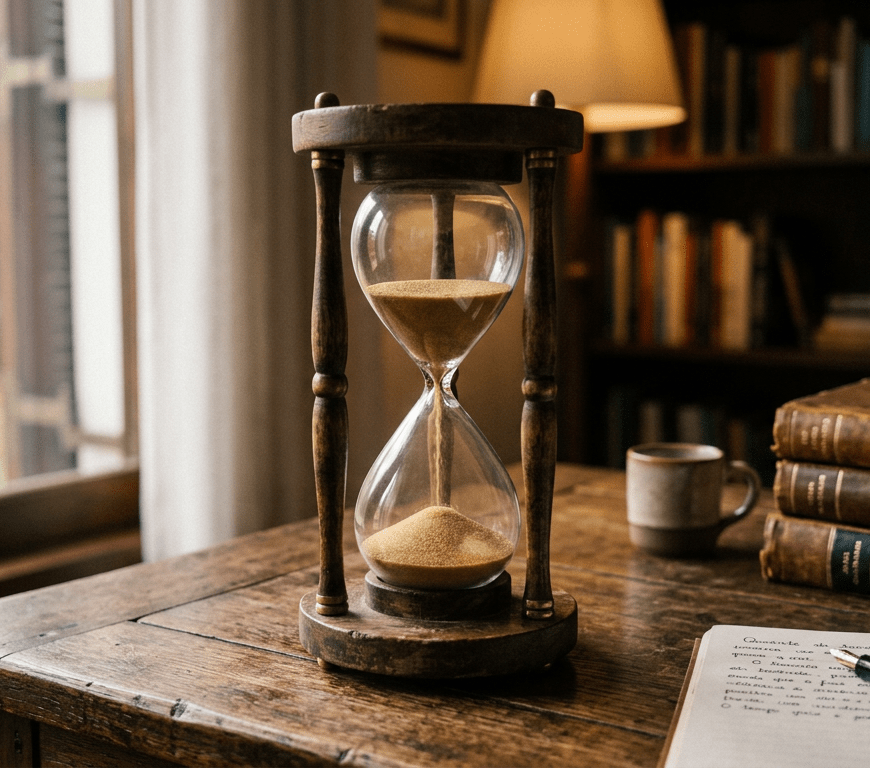 Hourglass beside books titled O TEMPO, PACIÊNCIA, and PROCESSO