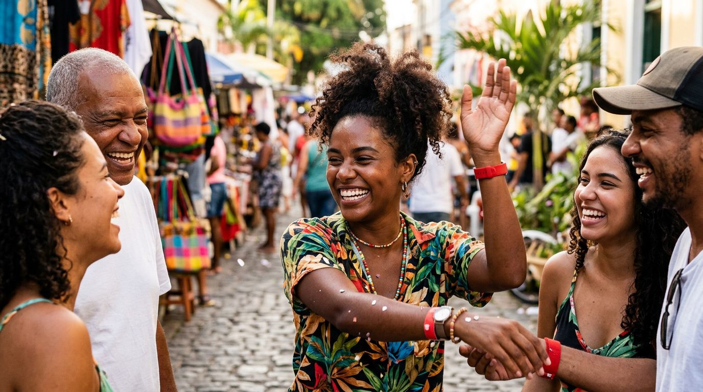 Four friends laughing and celebrating at a colorful outdoor street market