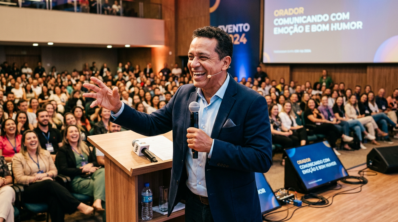 Palestrante sorrindo diante de público; tela exibe “ORADOR COMUNICANDO COM EMOÇÃO E BOM HUMOR”.