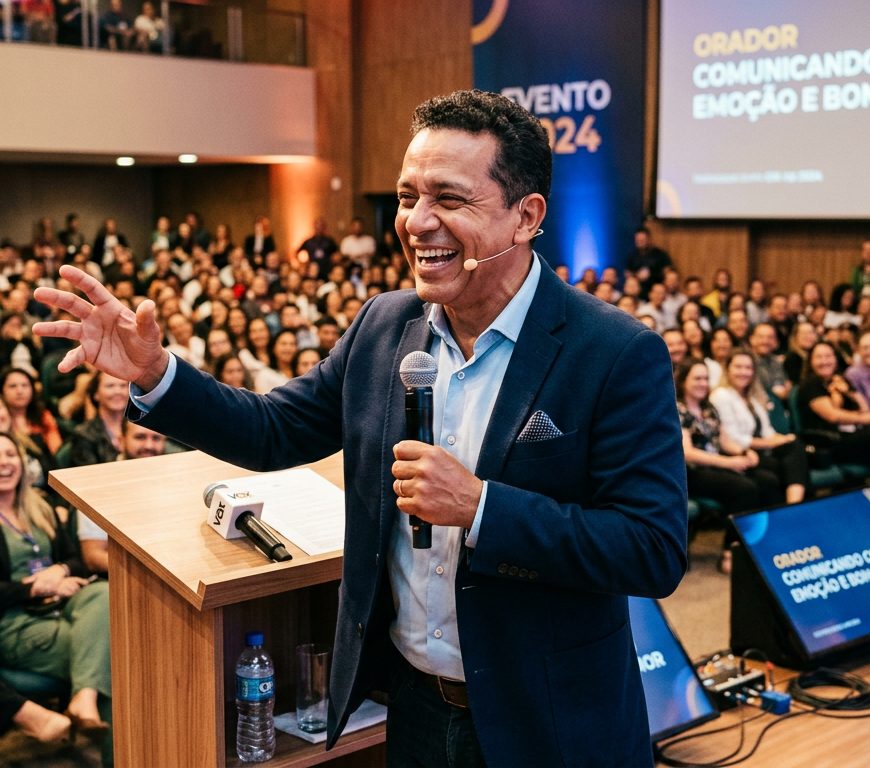 Palestrante sorrindo diante de público; tela exibe “ORADOR COMUNICANDO COM EMOÇÃO E BOM HUMOR”.