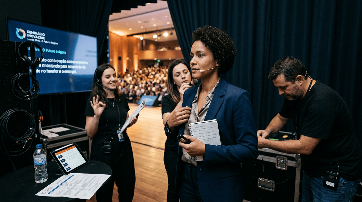 Palestrante com microfone e equipe nos bastidores de um seminário
