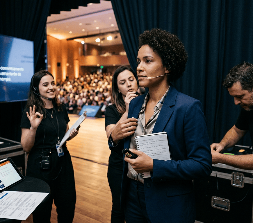 Palestrante com microfone e equipe nos bastidores de um seminário