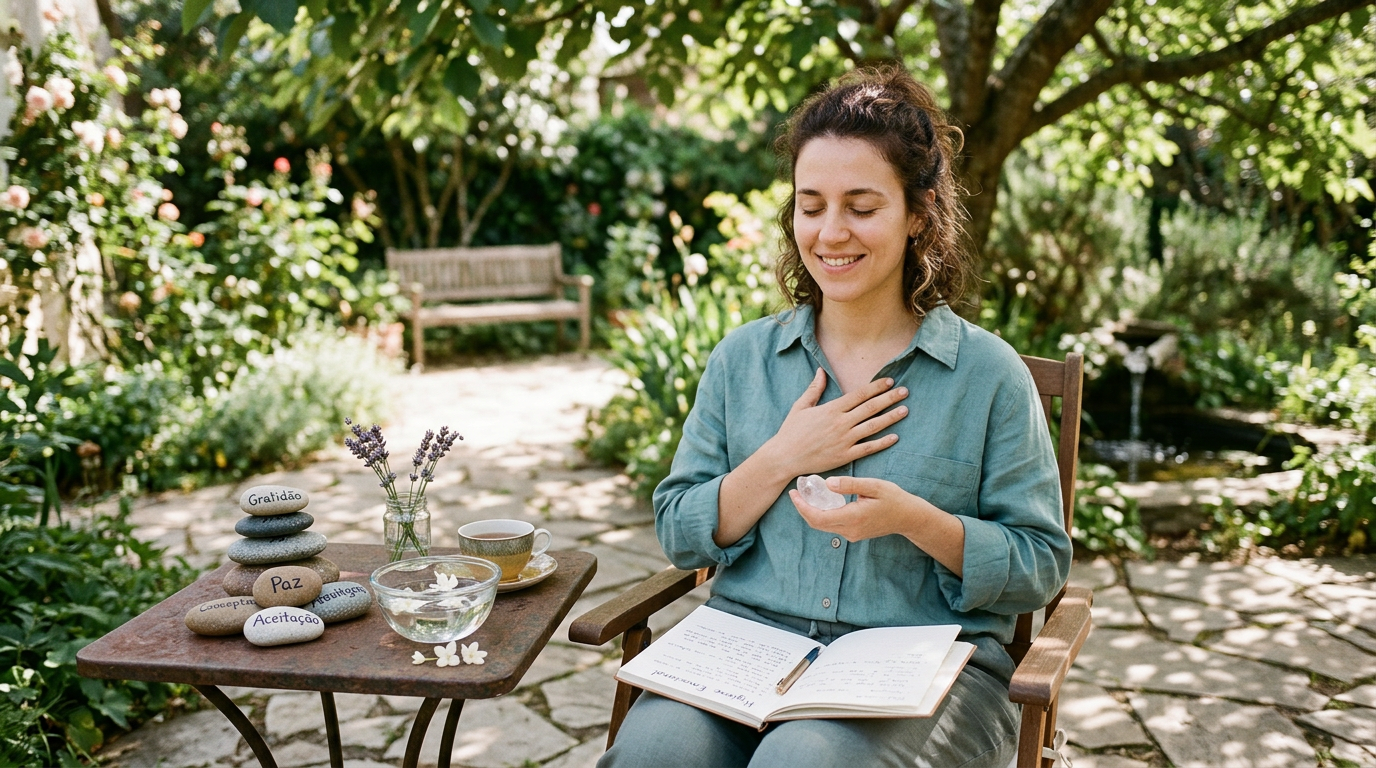 Woman meditating with journal beside stones labeled Gratidão, Paz, and Aceitação