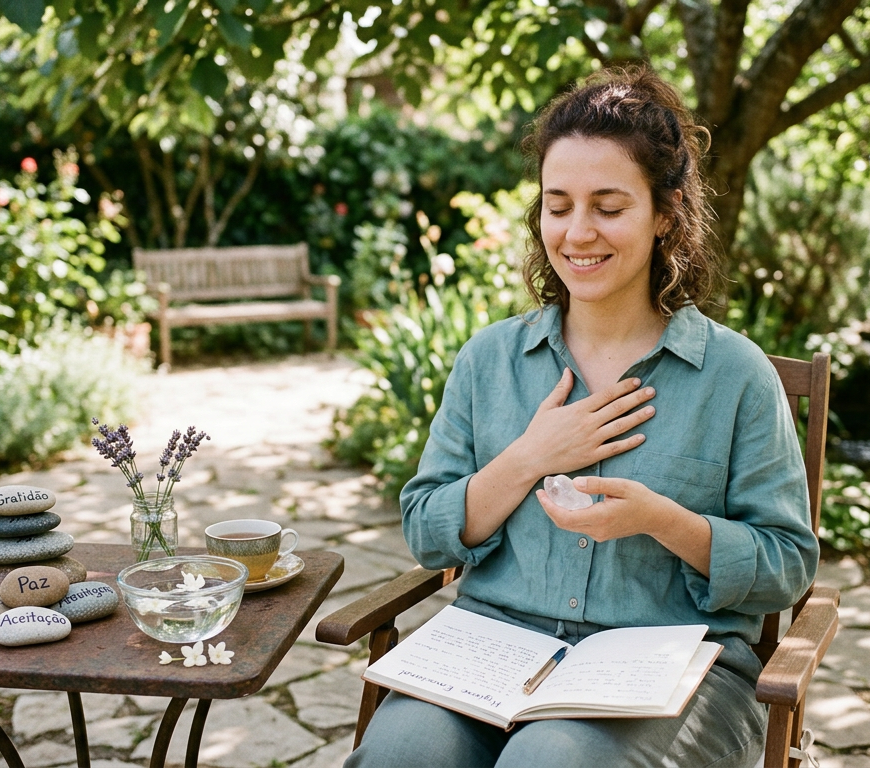 Woman meditating with journal beside stones labeled Gratidão, Paz, and Aceitação