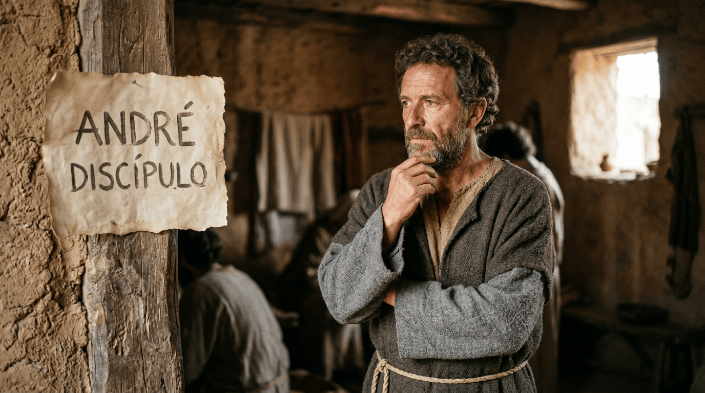 Man standing thoughtfully beneath handwritten sign reading “ANDRÉ DISCÍPULO”