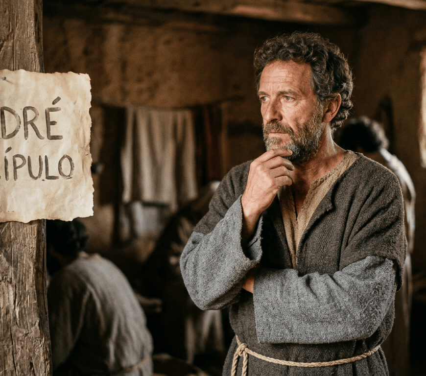 Man standing thoughtfully beneath handwritten sign reading “ANDRÉ DISCÍPULO”
