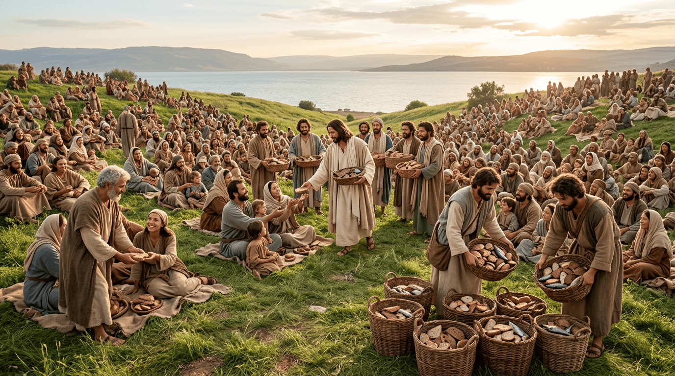 Religious teacher distributing bread to a large crowd beside a lake