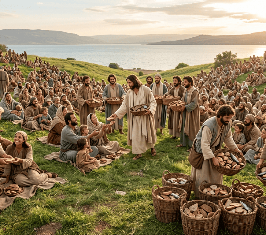 Religious teacher distributing bread to a large crowd beside a lake