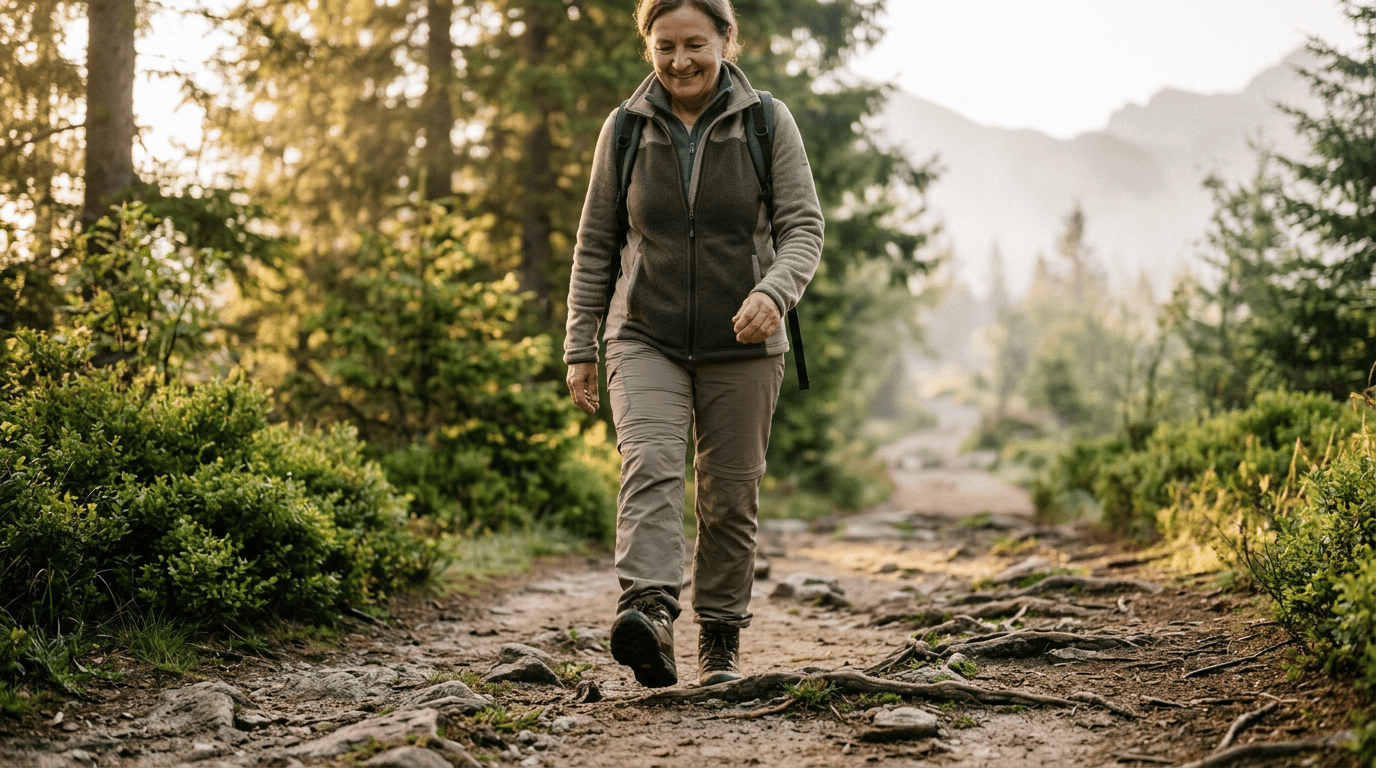 Hiker walking along a rocky forest trail with mountains in background