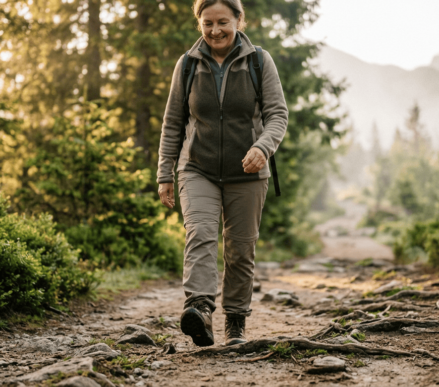 Hiker walking along a rocky forest trail with mountains in background