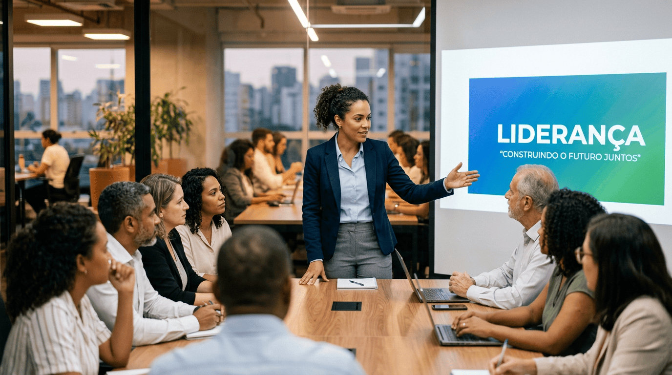 Leader presenting to a diverse team beside a screen reading “LIDERANÇA ‘CONSTRUINDO O FUTURO JUNTOS’”