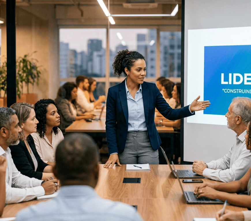 Leader presenting to a diverse team beside a screen reading “LIDERANÇA ‘CONSTRUINDO O FUTURO JUNTOS’”