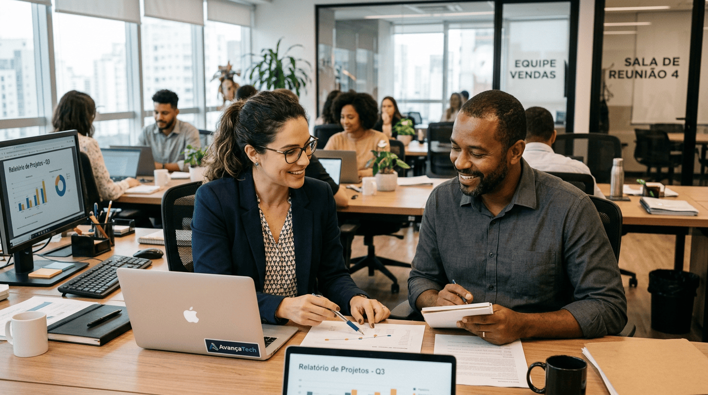 Profissionais colaborando no ambiente de trabalho